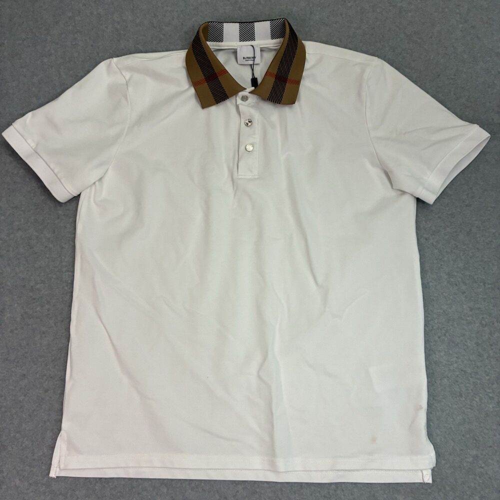 Men’s Burberry London England White Polo Shirt XL Nova Check Collar Designer